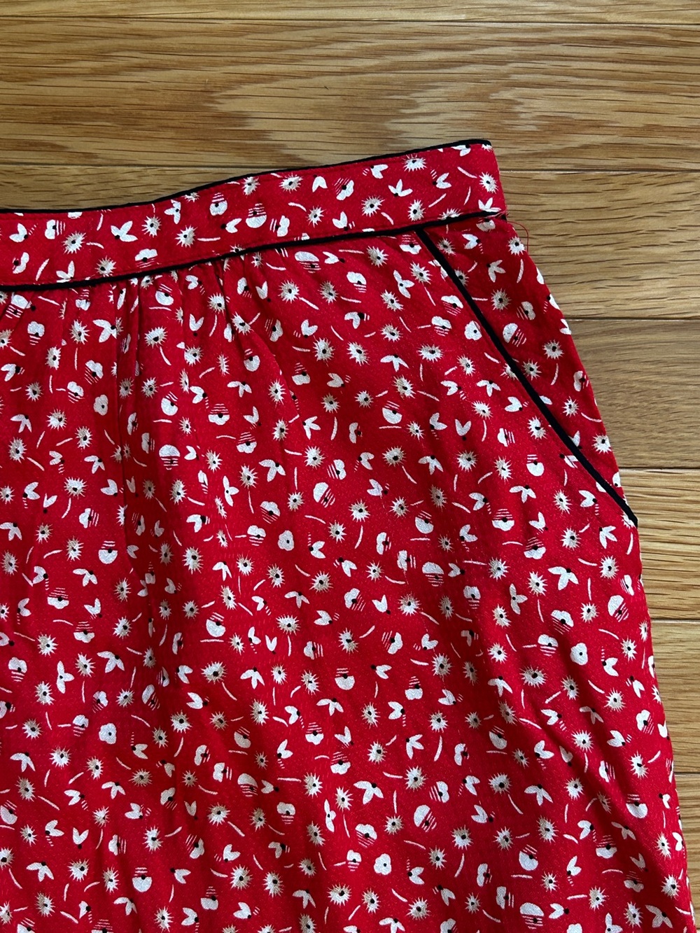 French Promod Red Floral Mini Skirt with Black Piping